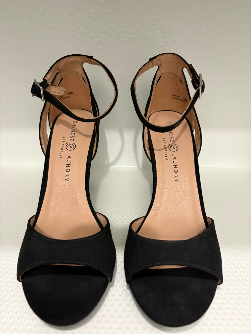 Chinese Laundry Black Suede Open-Toe Ankle-Strap Heels